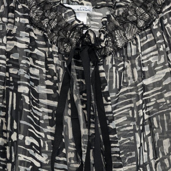 Oscar de la Renta AW/10 Black & White Abstract Silk Lace-Trim Tie-Neck Blouse - Picture 7 of 10
